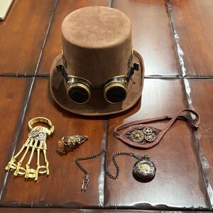 Steampunk Brown Hat with Goggles and Accessories